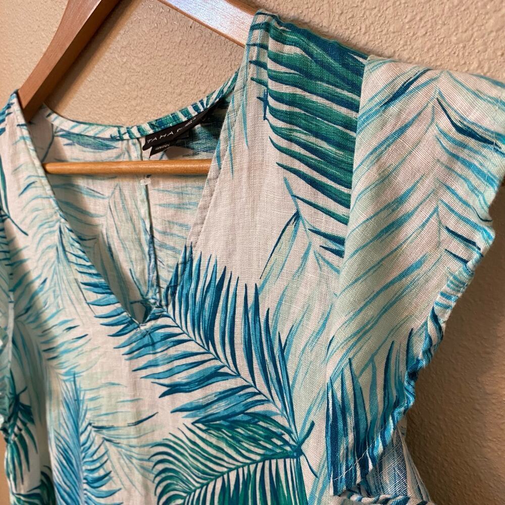 Tahari 100% Linen Palm Leaf Teal Short Dress Womens sz S Casual Tropical Relaxed - Picture 5 of 11
